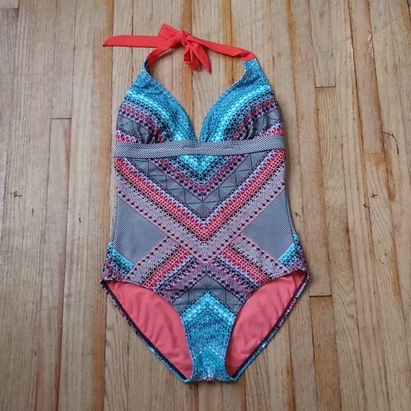 Prana One Piece Swimsuit Orange and Aqua Design - Picture 5 of 11